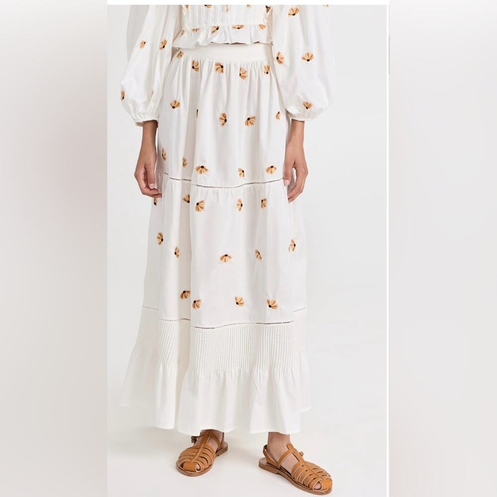 Lug Von Siga Ornella Tiered Embroidered Floral Cotton Poplin Midi Skirt Size 8